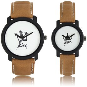 5Star Round Dial Brown Leather Strap Analog Men'S  Women'S Couple Watch - Lr-King Queen