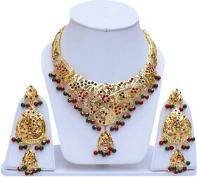Lucky Jewellery Designer Magenta Green Color Gold Plated Navratan Necklace Set For Girls & Women