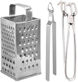 Oc9 Steel Grater / Slicer and Roti Chimta / Cooking Tong and Utility Pakkad For Kitchen Tool Set